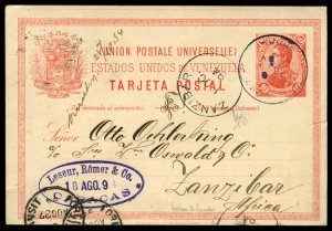 Venezuela, 1894 10c Bolivar, stationery card from Caracas to Zanzibar, variou...