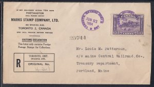 Canada - Jun 21, 1934 Toronto, ON Registered Cover to States