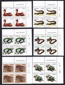 Zimbabwe Snakes 6v Corner Blocks of 4 with Control Numbers SG#1160-1165