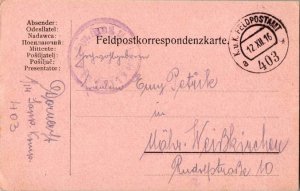 Austria Soldier's Free Mail 1916 K. und K. Feldpostamt 403 Feldpostcard to We...