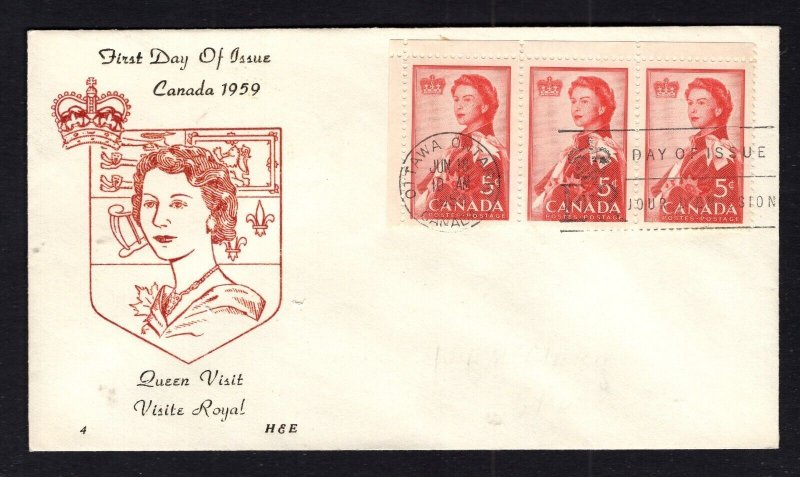 Canada #386 strip of 3  (1959 Royal Visit issue) unaddressed H&E cachet FDC