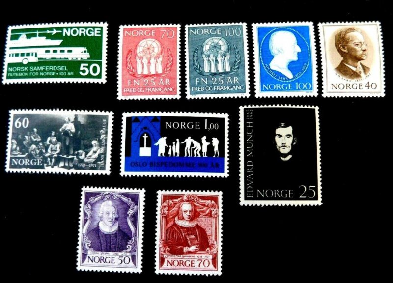 Norway Mini Lot of 10 diff, Mint/NH/VF, 1967 & 1970, #446 531, 560-1, 562-5, 574