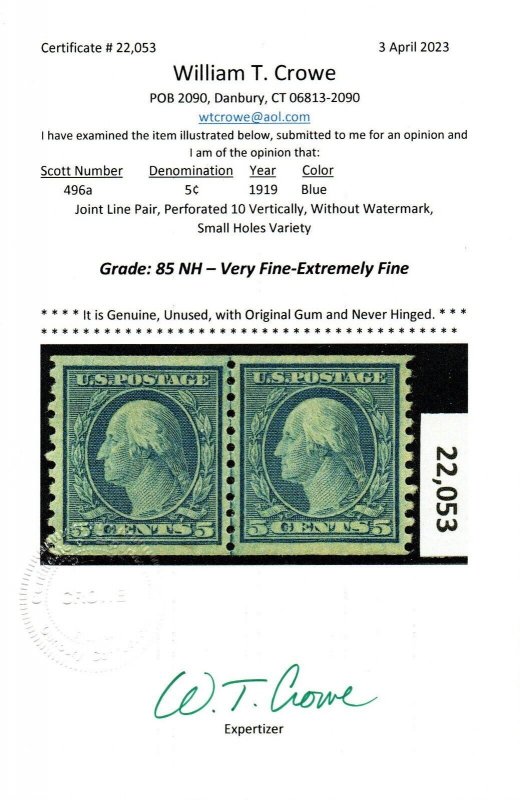 U.S. #496a MNH Joint Line Pair w/ Graded 85 Certificate