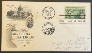 MINNESOTA STATEHOOD #1106 MAY 11 1958 ST PAUL MN FIRST DAY COVER (FDC) BX5