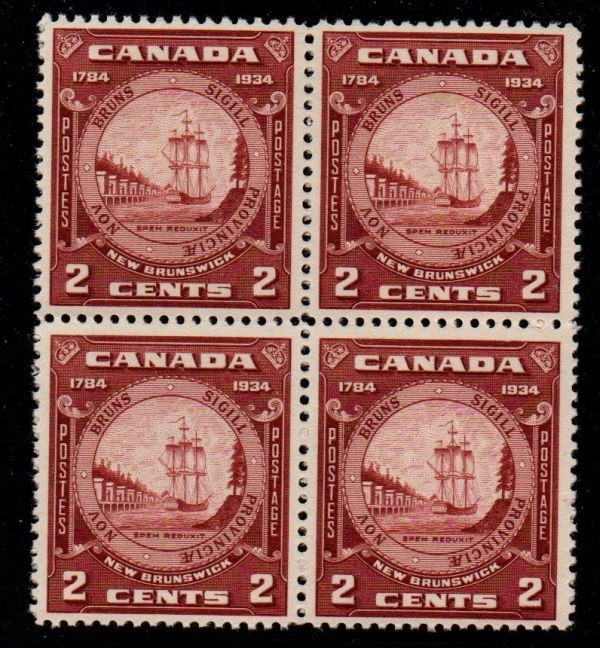 canada Sc 210 1934 2c New Brunswick 150 Years stamp block of 4 mint NH