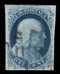 MOMEN: US STAMPS #9 POS. 82R1L IMPERF USED VF/XF LOT #89967*