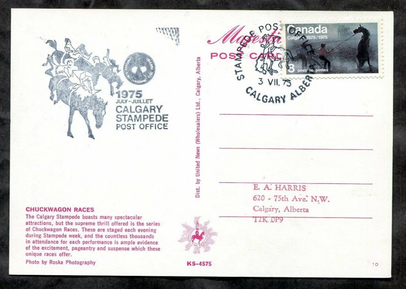 p149 - Canada CALGARY STAMPEDE 1975 Special PO Cachet on old Postcard. Race