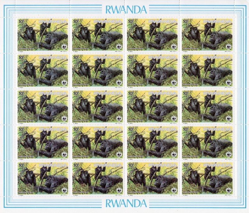 RWANDA 1985 Sc#1208/1211 WWF MOUNTAIN GORILLAS MINI-SHEETLET (20) UNFOLDED MNH