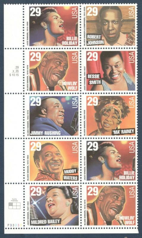 2854-61 Jazz & Blues Singers Left Plate Block Of 10 Mint/nh Free Shipping