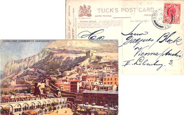 Gibraltar 1d KEVII 1908 Gibraltar, 25 PPC (Casemates Barracks) to Vienna, Aus...