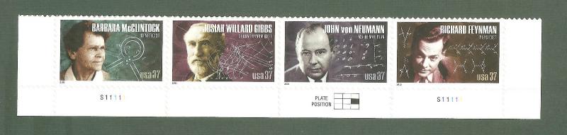 3906-9 American Scientists Strip Of 4 W/Plate Number Mint/nh (Free Shipping)