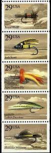 1991 29c Fishing Flies, Pane of 5 Scott 2545-49 Mint F/VF NH
