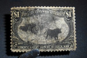 1898 Trans-Mississippi $1 black Sc 292 used single, thin CV $700