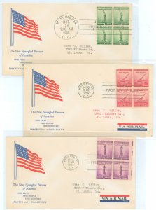 US 899-901 (1940) National Defense set of three (block of four) on three addressed (typed ) First Day covers with matching Grims