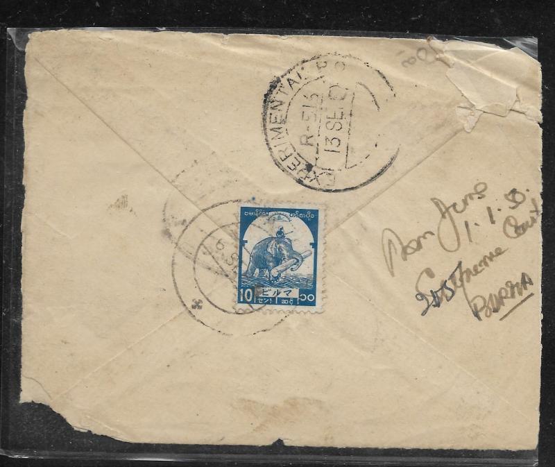 BURMA  (P2909B) JAPANESE OCCUPATION  COVER 10S ELEPHANT EXPERIMENTAL PO