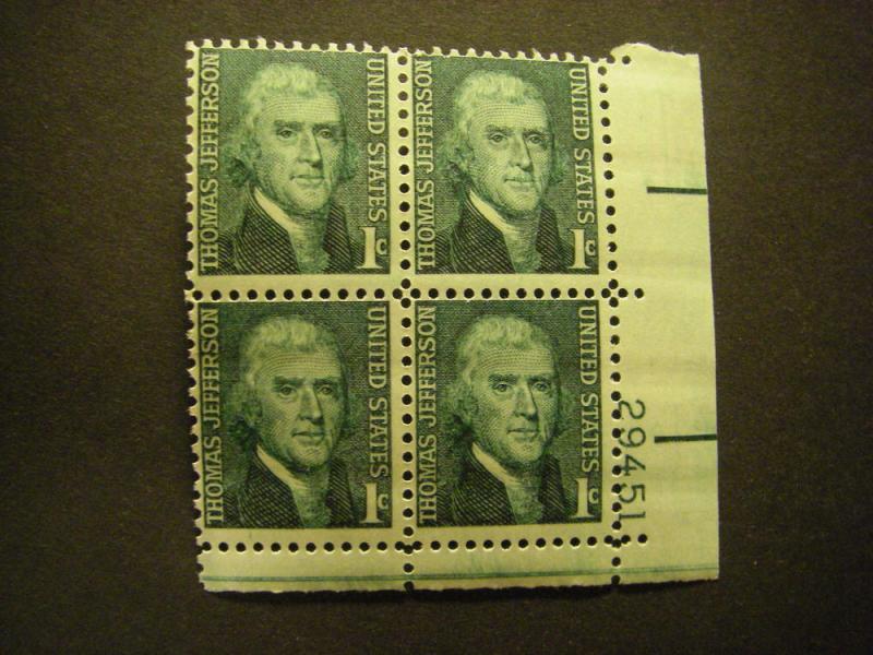 Scott 1278, 1c Thomas Jefferson, PB4 #29451 LR, MNH Prominent Beauty