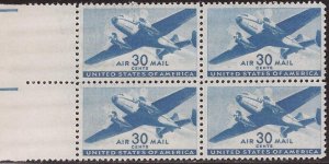 US Stamp - 1941 20c Transport Plane Airmail - 4 Stamp Block MNH - Scott #C30