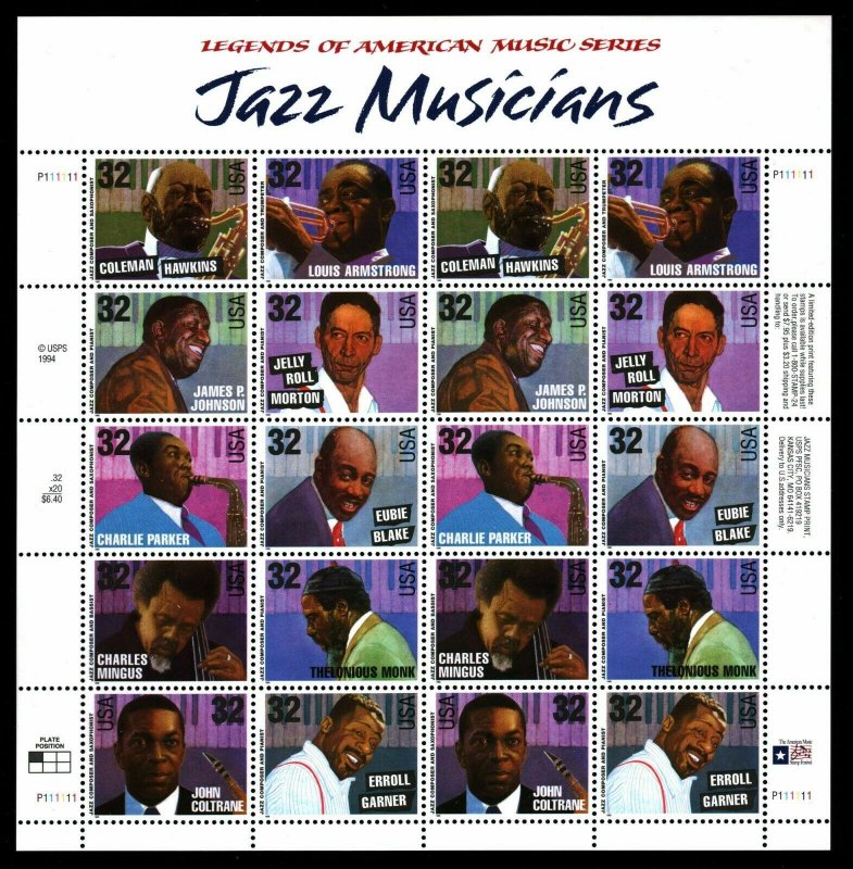 US.#2983-92 JAZZ MUSICIANS - PANE OF 20 OGNH - VF - CV$67.50 (E#H407)
