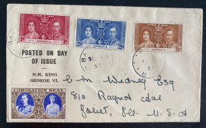 1937 Antigua First Day Cover To Juliet IL Usa King George VI Coronation Rare Sea