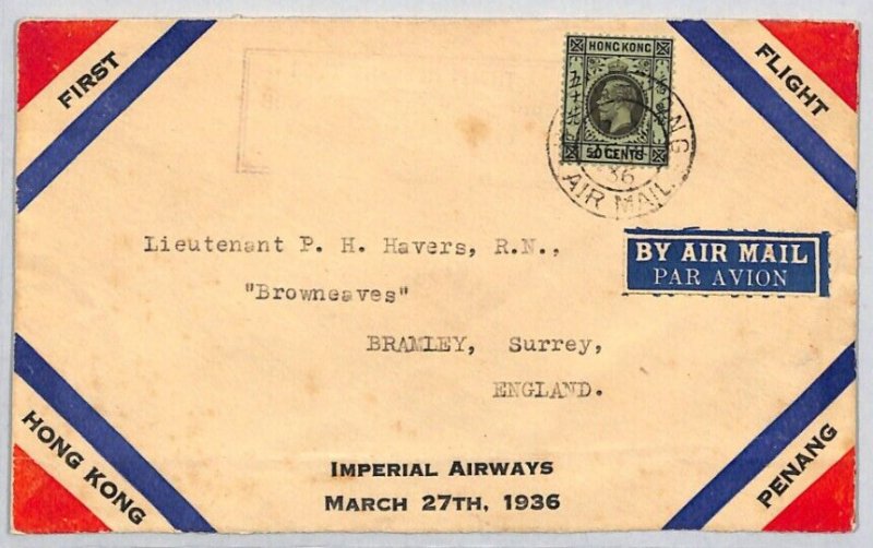 HONG KONG KGV Air Mail Cover IMPERIAL AIRWAYS FIRST FLIGHT PENANG GB 1936 ZC37 