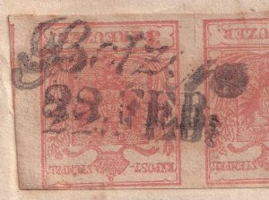 Osterreich (Austria) Fragment_1850_3 Kreuzer strip(x3)_ 22 Feb. + PO cancel