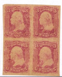 Scott #79-E65P5 - 3c Rose - Imperforate - Block of 4