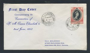 St. Lucia 1953 QEII Coronation on First Day Cover.