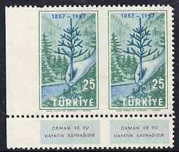 Turkey 1957 Forestry 25k marginal pair, imperf between st...