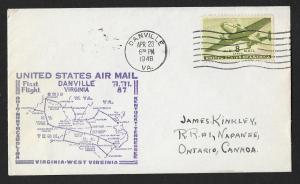 UNITED STATES First Flight Cover 1948 Danville to Roanoke
