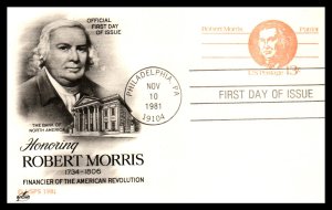US UX92 Robert Morris Artcraft U/A FDC Postal Card