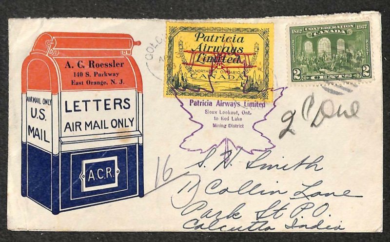 CANADA SCOTT #142 & CL43 STAMPS A.C. ROESSLER AIRMAIL COVER TO INDIA 1928