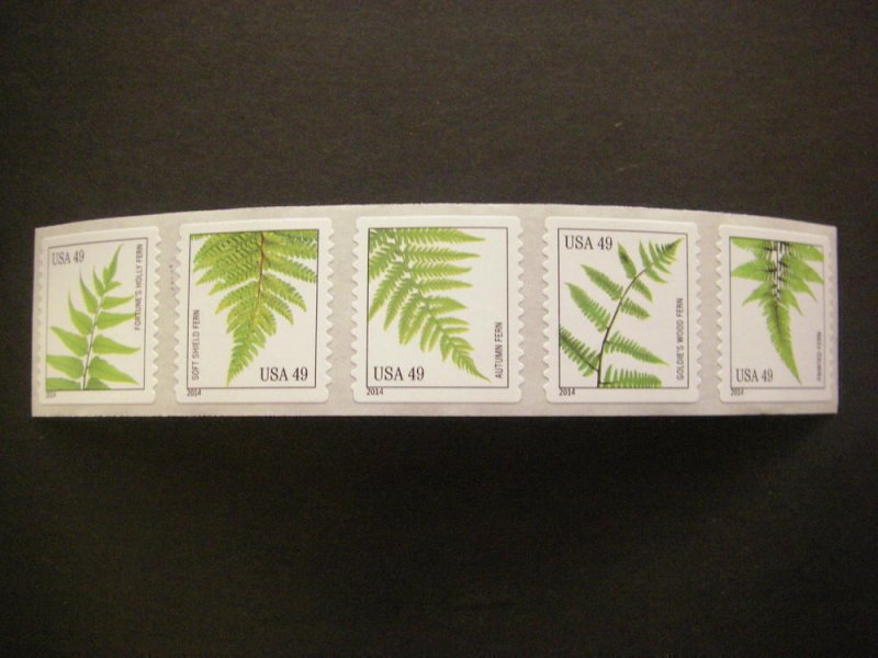 Scott 4848-4852 or 4852a, 49c Ferns coil, Strip of five, MNH Beauties