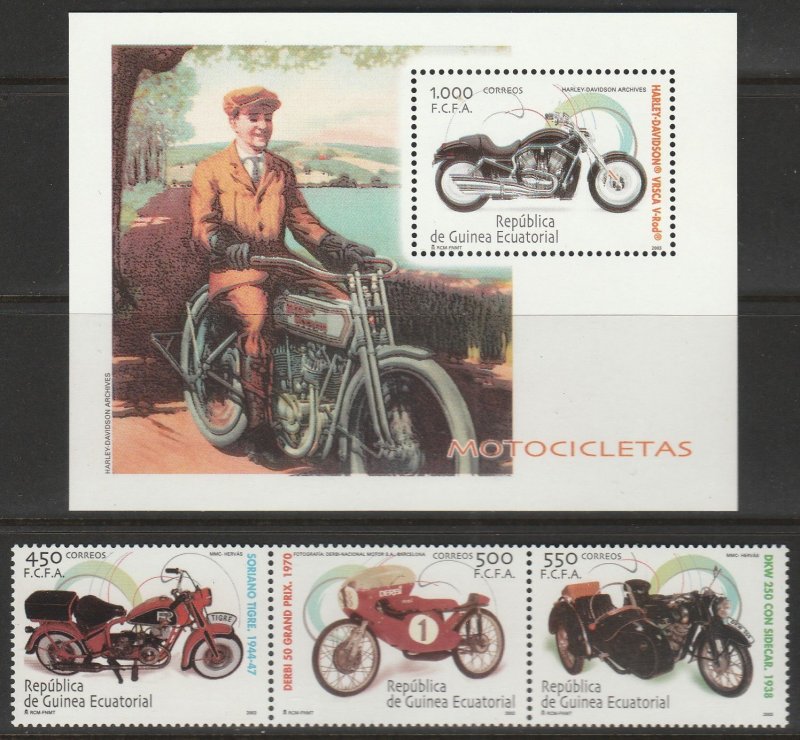 EQUATORIAL GUINEA 262-263, MOTORCYCLES. STRIP OF 3+SS MNH. VF. (132)