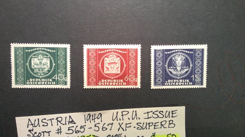 Austria 1949 U.P.U. issue. Scott# 565-567 complete MNH XF-SUPERB set of 3