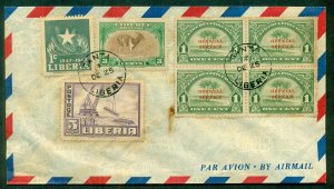 LIBERIA 1947, Airmail cover with 1¢ Official Block & others