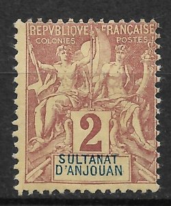 French Anjouan 1892, Navigation & Commerce, 2c, Scott # 2, VF MH*OG (SL-1)