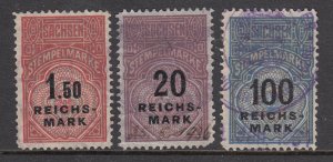 Germany, Saxony, 1925 Stempelmarke Revenues, 3 different RM denominated, used. 