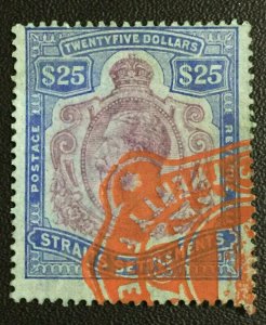 Malaya  Straits Settlements 1912 KGV $25 Fiscal Used MCCA SG#213 M3270