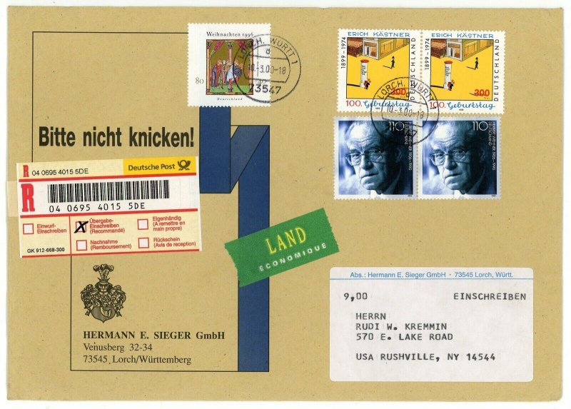 Germany to USA Deutsche Post Registered Land Mail Economy Cover Customs Label