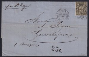 France 1876 1fr bronze Type Sage Cover Paris to Guadalajara Mexico Paquebot