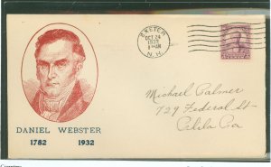 US 725 1932 3c Daniel Webster on an addressed first day cover with an Exeter, NH machine cancel and an August Washington stamp e