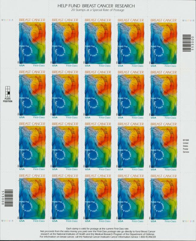 1998 32c Breast Cancer Research, Sheet of 20 Scott B1 Mint F/VF NH