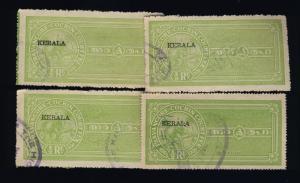 INDIA - TRAVANCORE-COCHIN Revenue Stamp +KERALA O/P R.1/2 Green x4 used examples