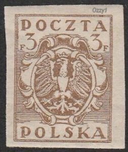 Poland 1919 Sc#81,  3f Eagle on Baroque Shield MINT-VF-DOG-H.