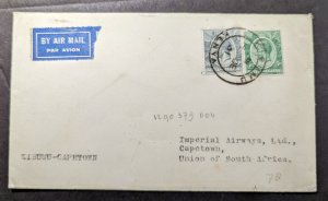 1931 British KUT Airmail Cover Kisumu Kenya to Capetown S Africa