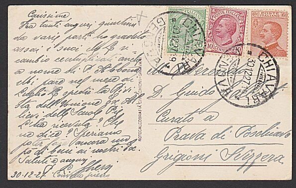 ITALY 1927 3 colour franking postcard Genoa to Switzerland..................K318