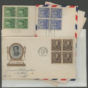 US 869-873 1940 1c to 10c Famous Educators. Blocks of 4. Complete set of 5 on Cacheted FDCs.