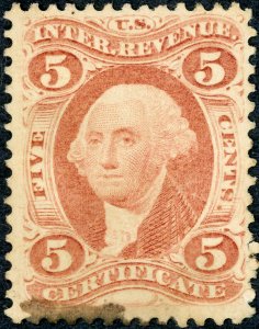 #R24 – 1862-71 5c red, certif, old paper. Used. Light cancel.
