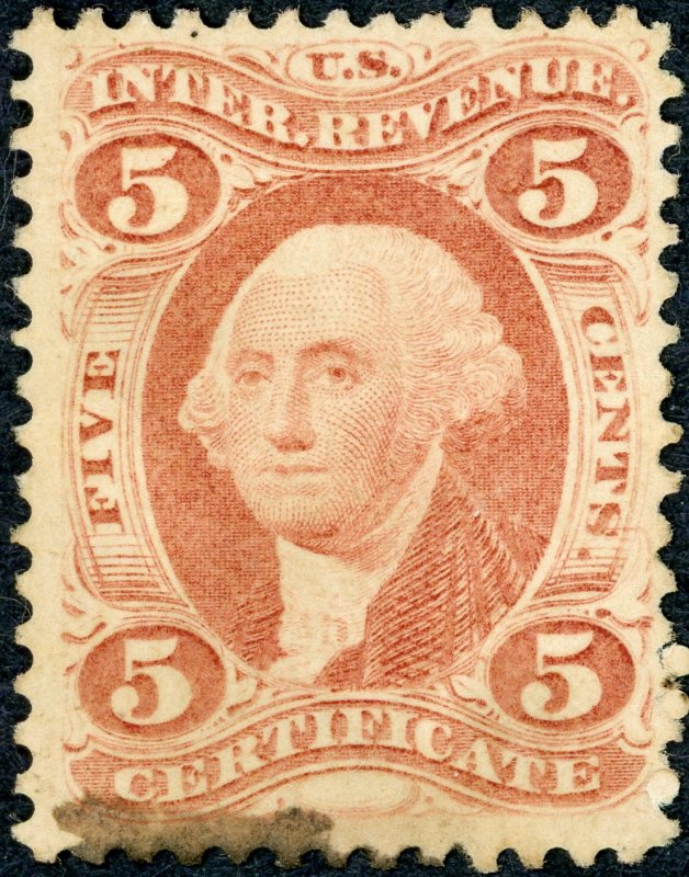#R24 – 1862-71 5c red, certif, old paper. Used. Light cancel.