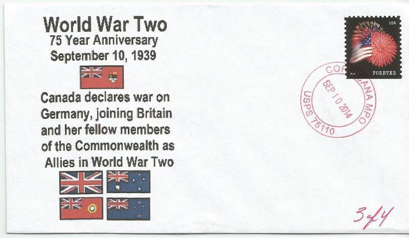 VERY LAST 2nd World War 75 Year Canada Declares War #3of4 Cachet Cover 9/10/39